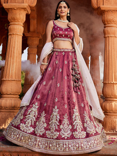 Burgundy Tissue fabric Full Flaire Semi-Stitched Lehenga ClothsVilla