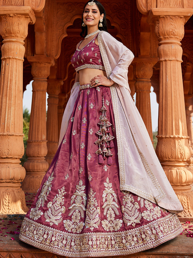 Burgundy Tissue fabric Full Flaire Semi-Stitched Lehenga ClothsVilla