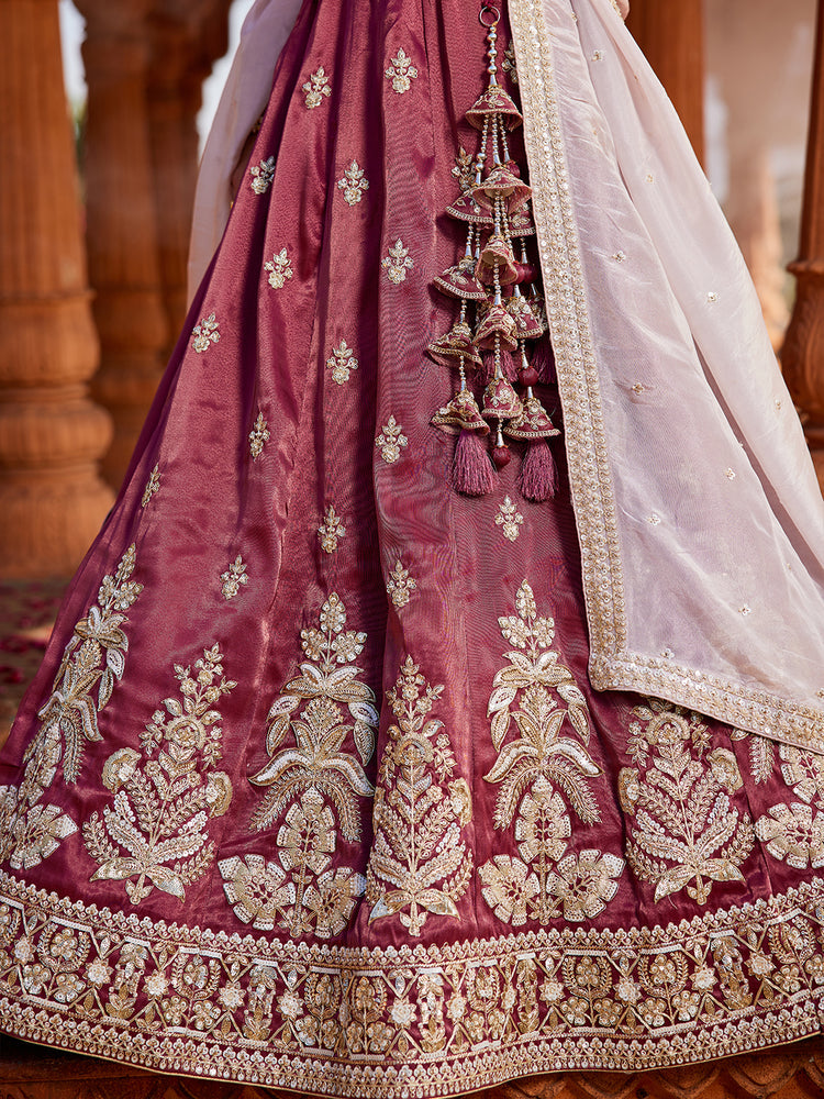 Burgundy Tissue fabric Full Flaire Semi-Stitched Lehenga ClothsVilla