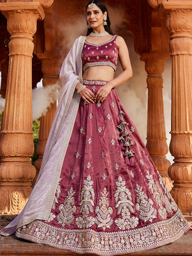 Burgundy Tissue fabric Full Flaire Semi-Stitched Lehenga ClothsVilla