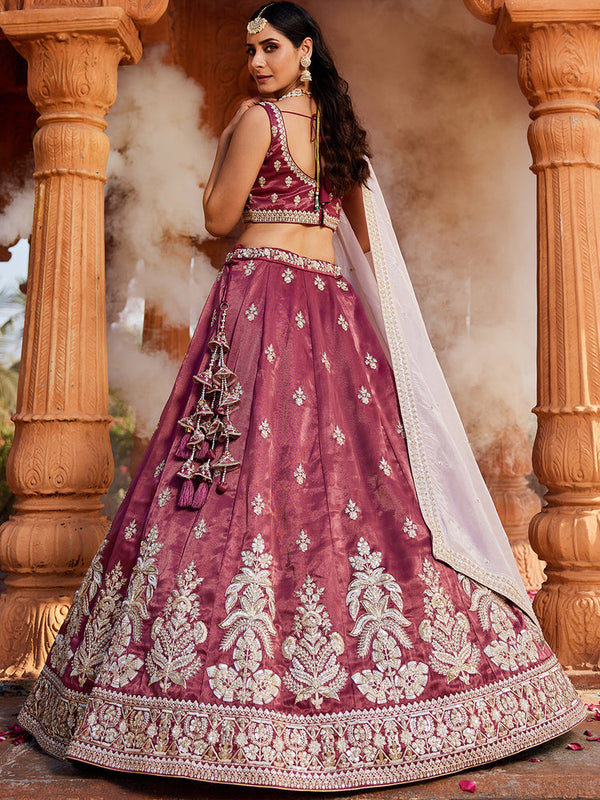 Burgundy Tissue fabric Full Flaire Semi-Stitched Lehenga ClothsVilla