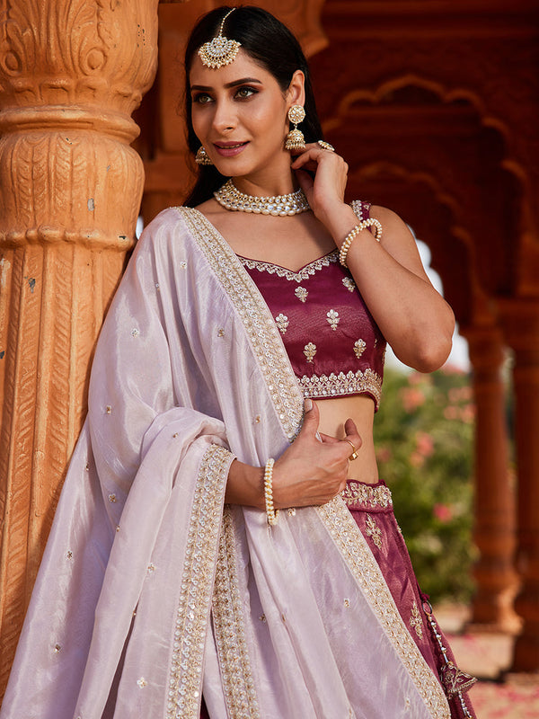 Burgundy Tissue fabric Full Flaire Semi-Stitched Lehenga ClothsVilla