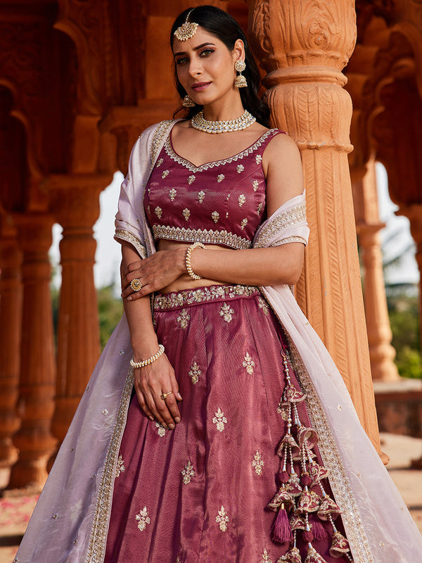 Burgundy Tissue fabric Full Flaire Semi-Stitched Lehenga ClothsVilla