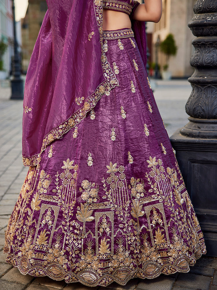 Burgundy Tissue Semi-Stitched Bridal Lehenga with Heavy Sequin, Moti, and Coding Embroidery Work ClothsVilla