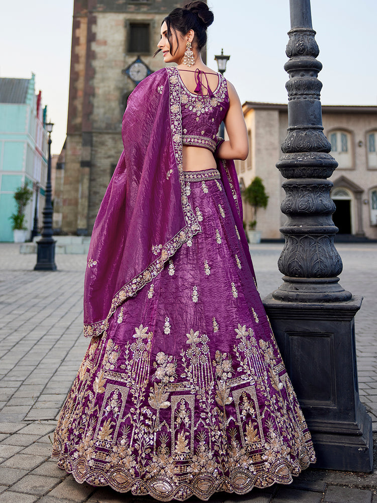 Burgundy Tissue Semi-Stitched Bridal Lehenga with Heavy Sequin, Moti, and Coding Embroidery Work ClothsVilla