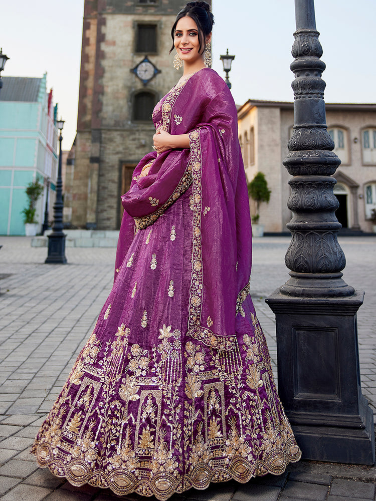 Burgundy Tissue Semi-Stitched Bridal Lehenga with Heavy Sequin, Moti, and Coding Embroidery Work ClothsVilla