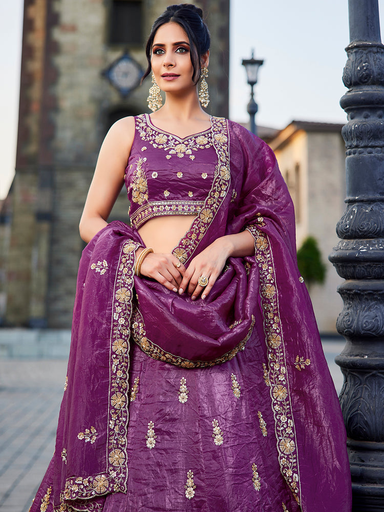 Burgundy Tissue Semi-Stitched Bridal Lehenga with Heavy Sequin, Moti, and Coding Embroidery Work ClothsVilla