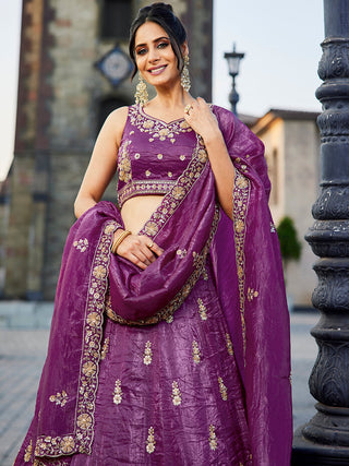 Burgundy Tissue Semi-Stitched Bridal Lehenga with Heavy Sequin, Moti, and Coding Embroidery Work ClothsVilla