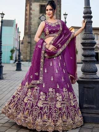 Burgundy Tissue Semi-Stitched Bridal Lehenga with Heavy Sequin, Moti, and Coding Embroidery Work ClothsVilla