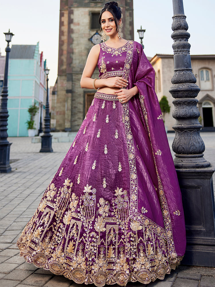 Burgundy Tissue Semi-Stitched Bridal Lehenga with Heavy Sequin, Moti, and Coding Embroidery Work ClothsVilla