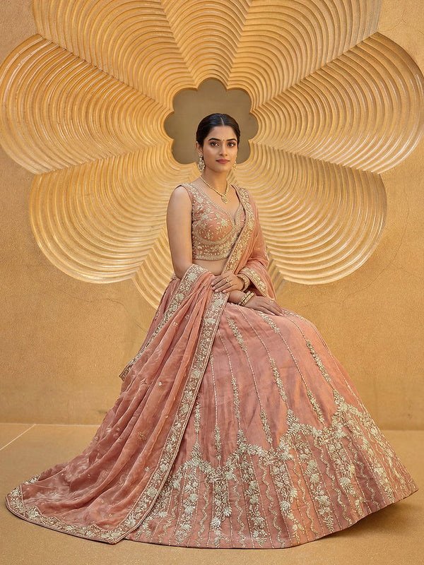 Burnished Rust Chiffon Sequin & Zari Thread Embroidered Lehenga Choli Set Clothsvilla