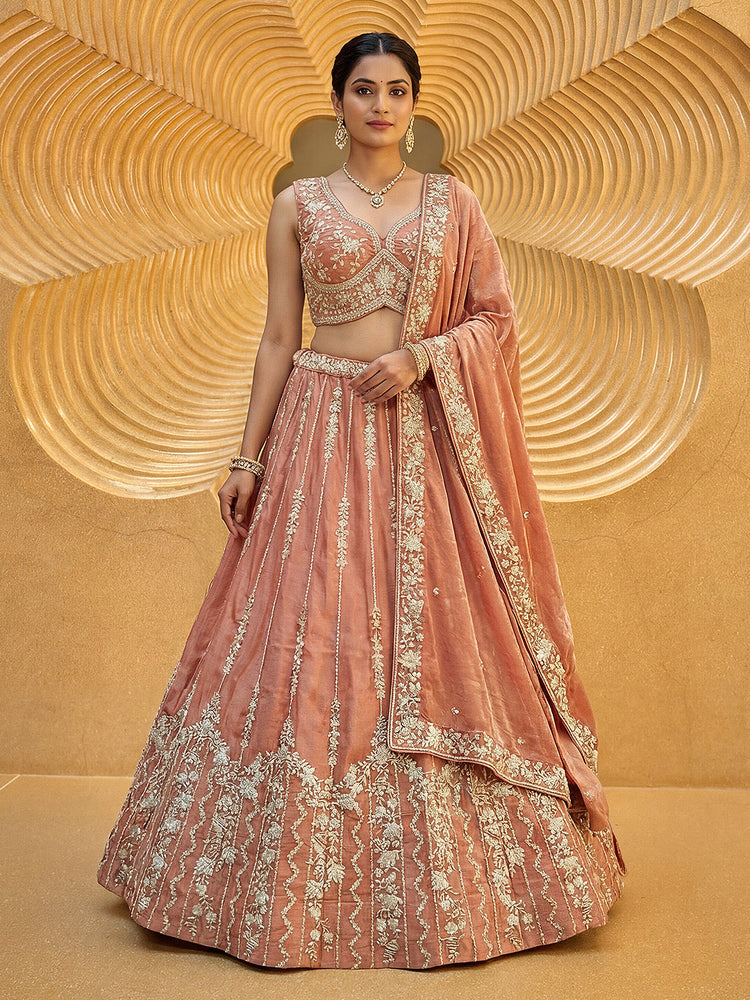 Burnished Rust Chiffon Sequin & Zari Thread Embroidered Lehenga Choli Set Clothsvilla