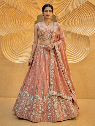 Burnished Rust Chiffon Sequin & Zari Thread Embroidered Lehenga Choli Set Clothsvilla