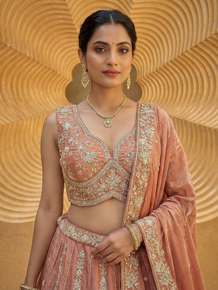 Burnished Rust Chiffon Sequin & Zari Thread Embroidered Lehenga Choli Set Clothsvilla