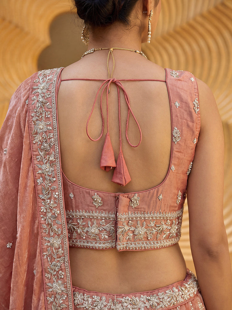 Burnished Rust Chiffon Sequin & Zari Thread Embroidered Lehenga Choli Set Clothsvilla