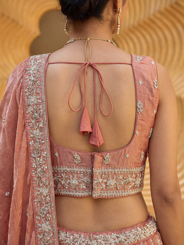 Burnished Rust Chiffon Sequin & Zari Thread Embroidered Lehenga Choli Set Clothsvilla