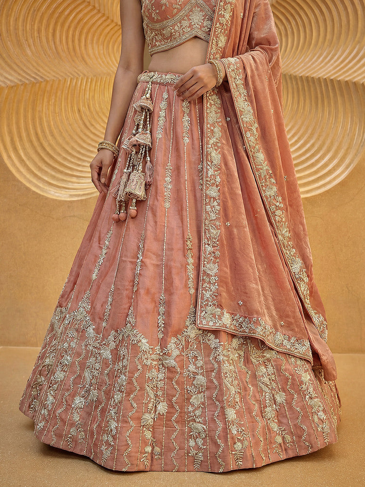 Burnished Rust Chiffon Sequin & Zari Thread Embroidered Lehenga Choli Set Clothsvilla