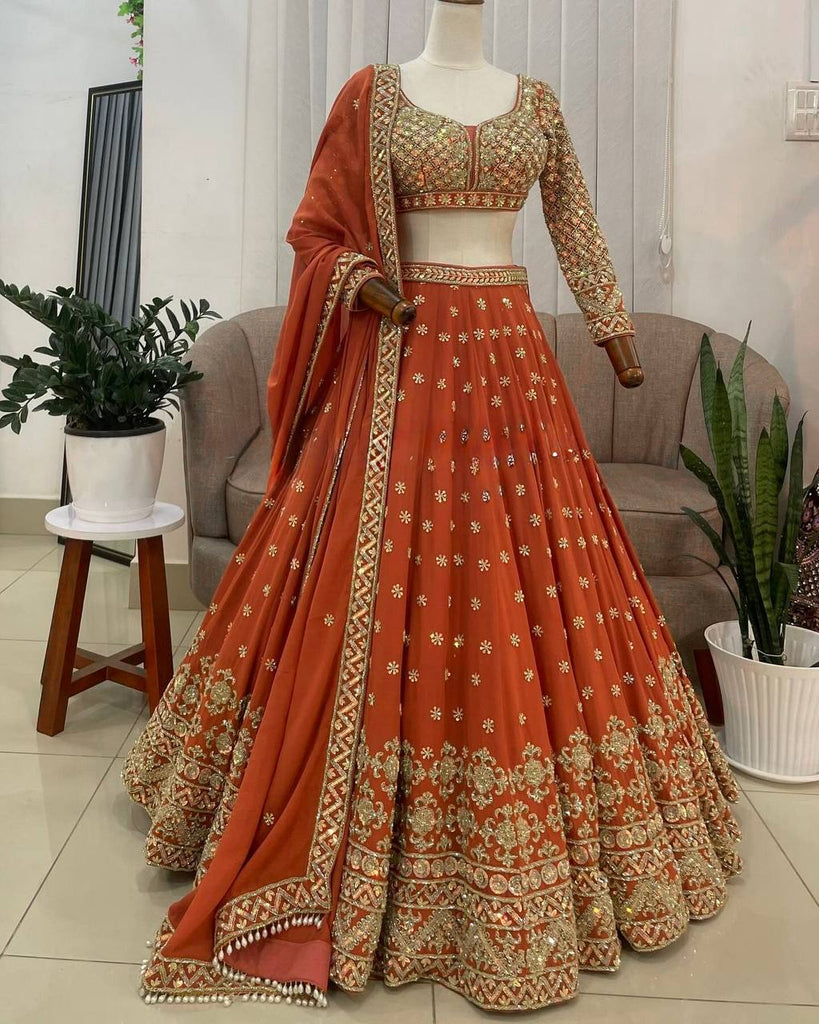 Burnt Orange Elegant Faux Georgette Embroidered Lehenga Choli with Dupatta ClothsVilla