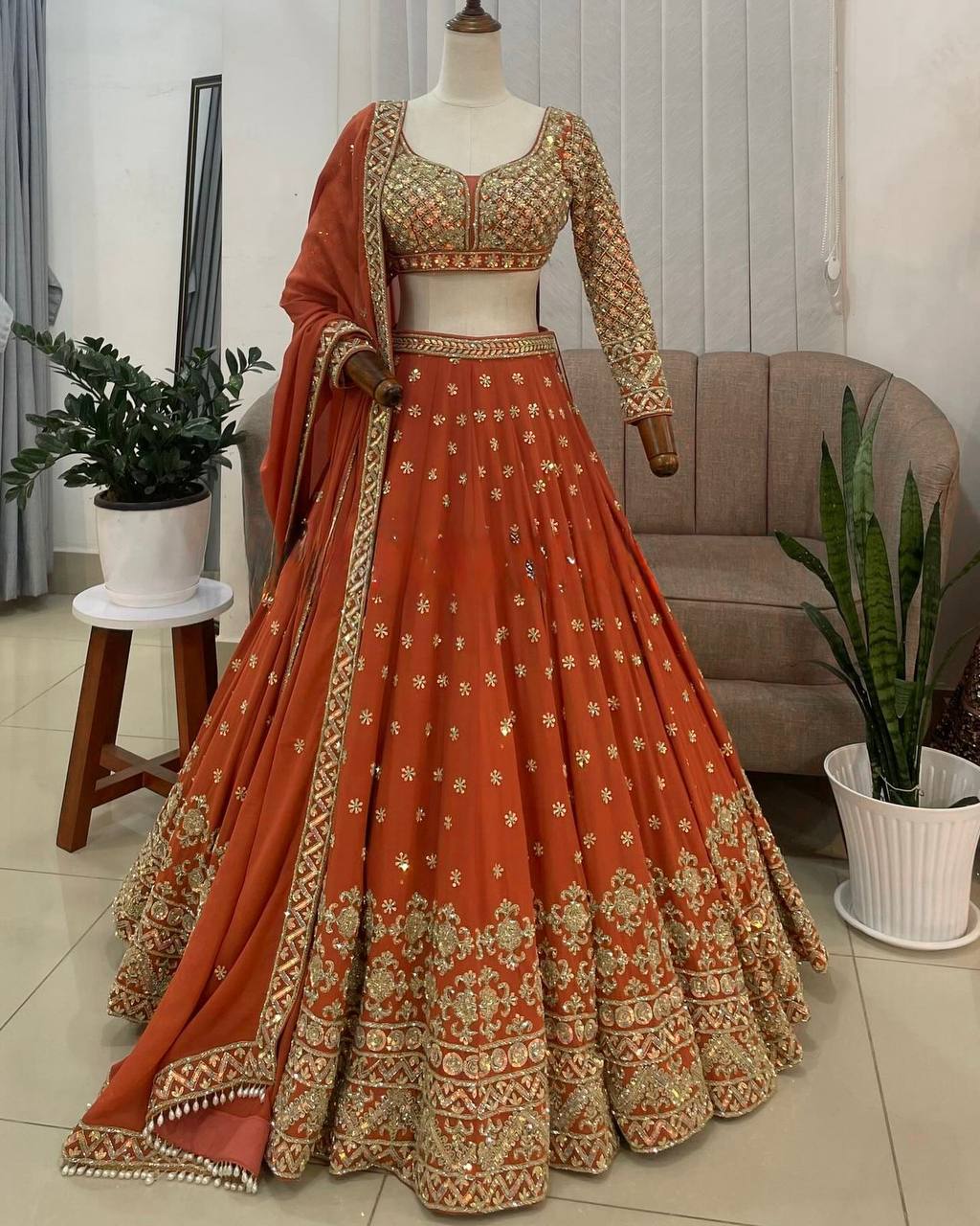 Burnt Orange Elegant Faux Georgette Embroidered Lehenga Choli with Dupatta ClothsVilla