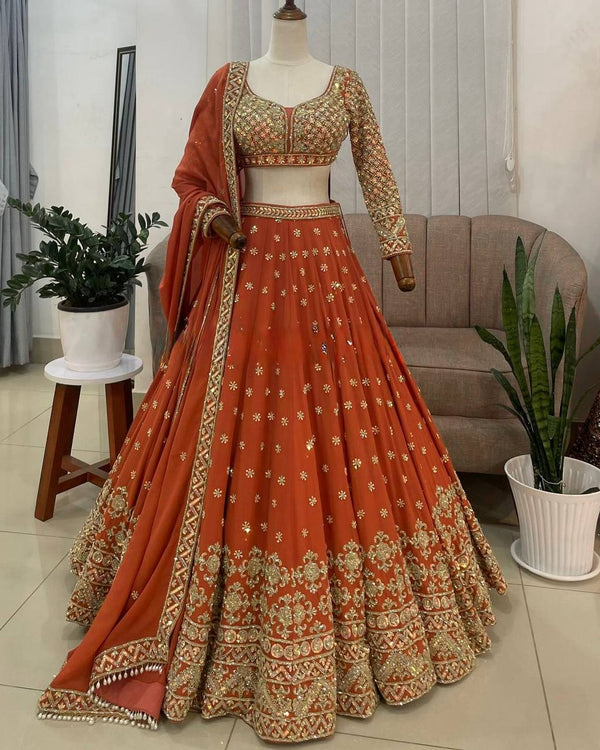 Burnt Orange Elegant Faux Georgette Embroidered Lehenga Choli with Dupatta ClothsVilla