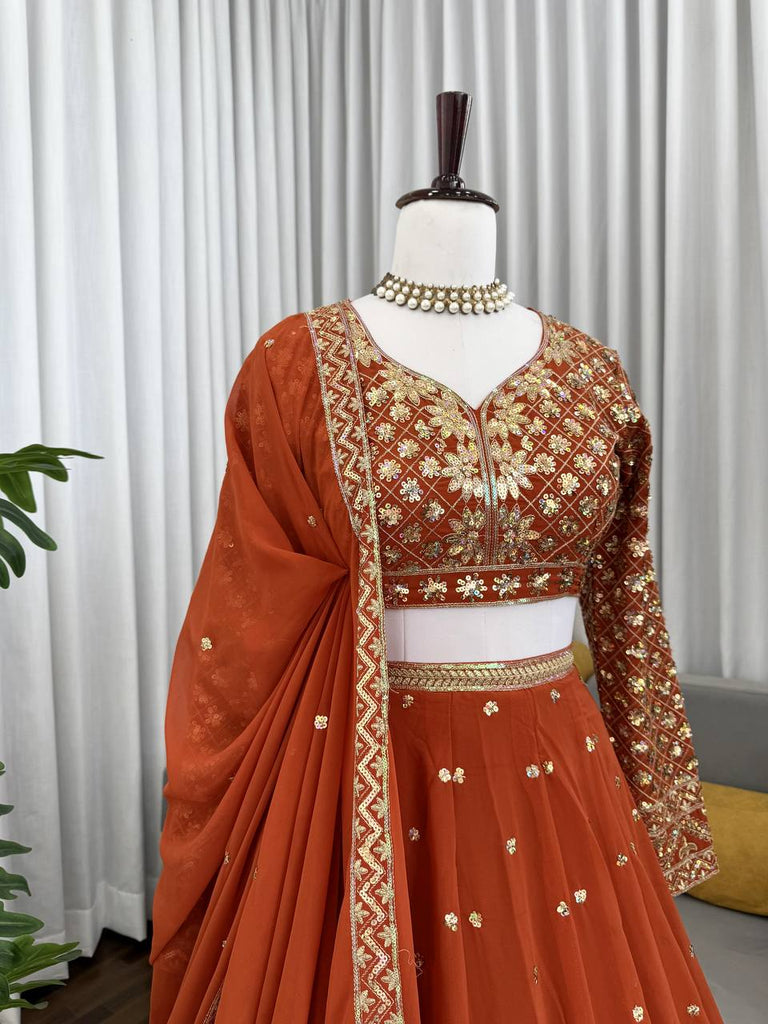 Burnt Orange Elegant Faux Georgette Embroidered Lehenga Choli with Dupatta ClothsVilla