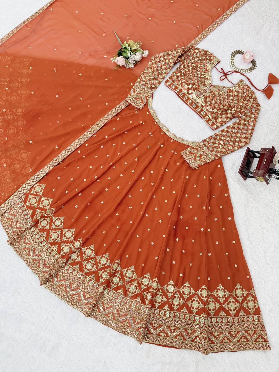 Burnt Orange Elegant Faux Georgette Embroidered Lehenga Choli with Dupatta ClothsVilla