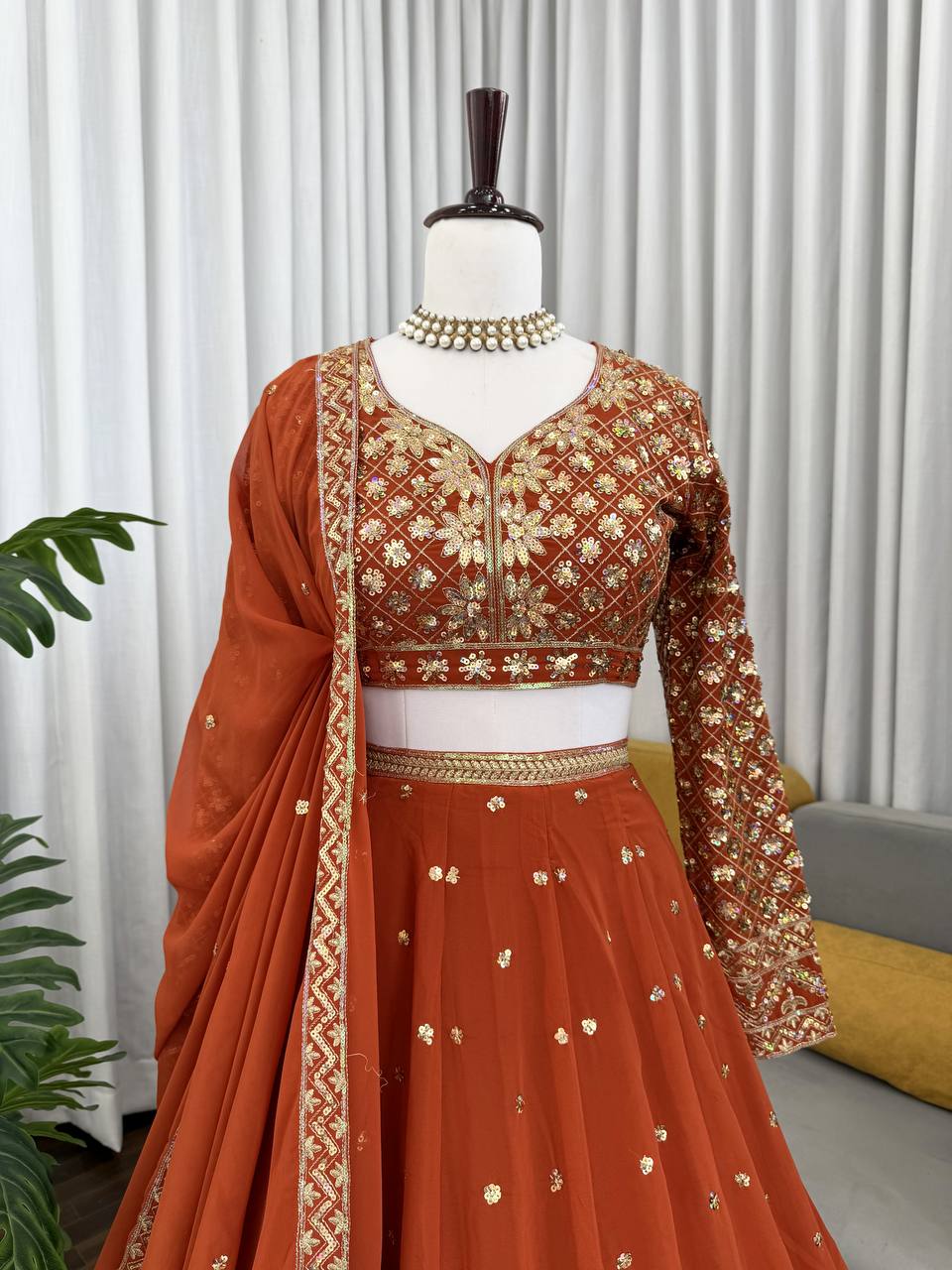 Burnt Orange Elegant Faux Georgette Embroidered Lehenga Choli with Dupatta ClothsVilla