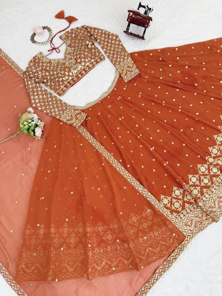 Burnt Orange Elegant Faux Georgette Embroidered Lehenga Choli with Dupatta ClothsVilla