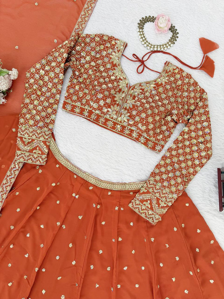 Burnt Orange Elegant Faux Georgette Embroidered Lehenga Choli with Dupatta ClothsVilla