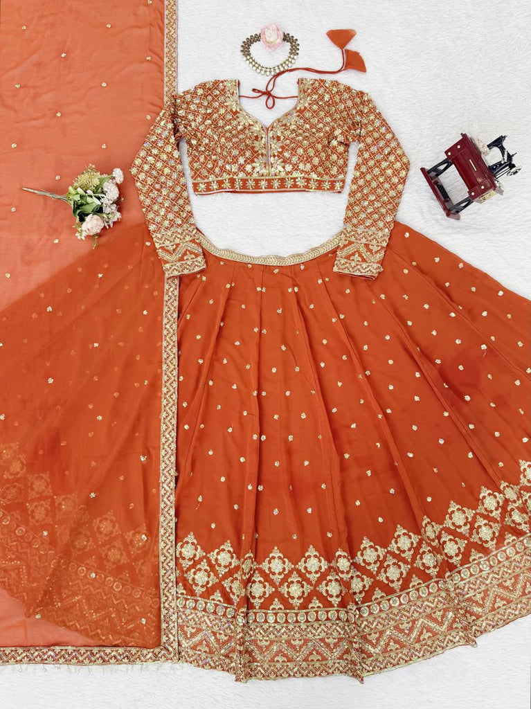 Burnt Orange Elegant Faux Georgette Embroidered Lehenga Choli with Dupatta ClothsVilla