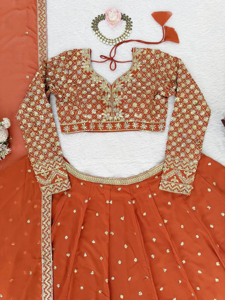 Burnt Orange Elegant Faux Georgette Embroidered Lehenga Choli with Dupatta ClothsVilla