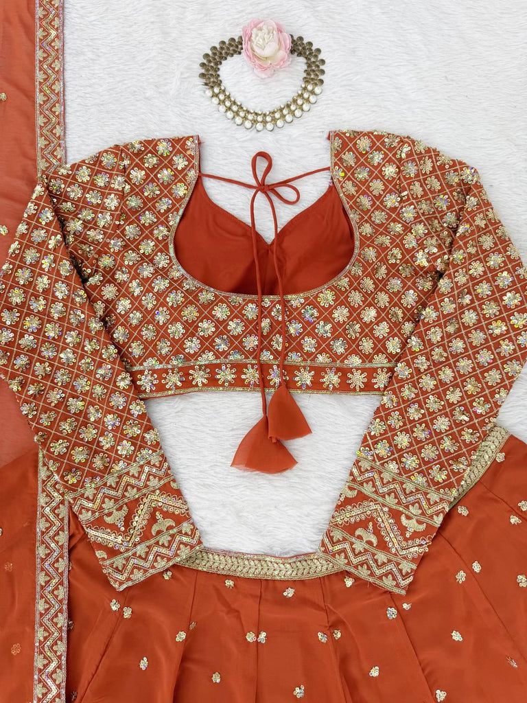 Burnt Orange Elegant Faux Georgette Embroidered Lehenga Choli with Dupatta ClothsVilla