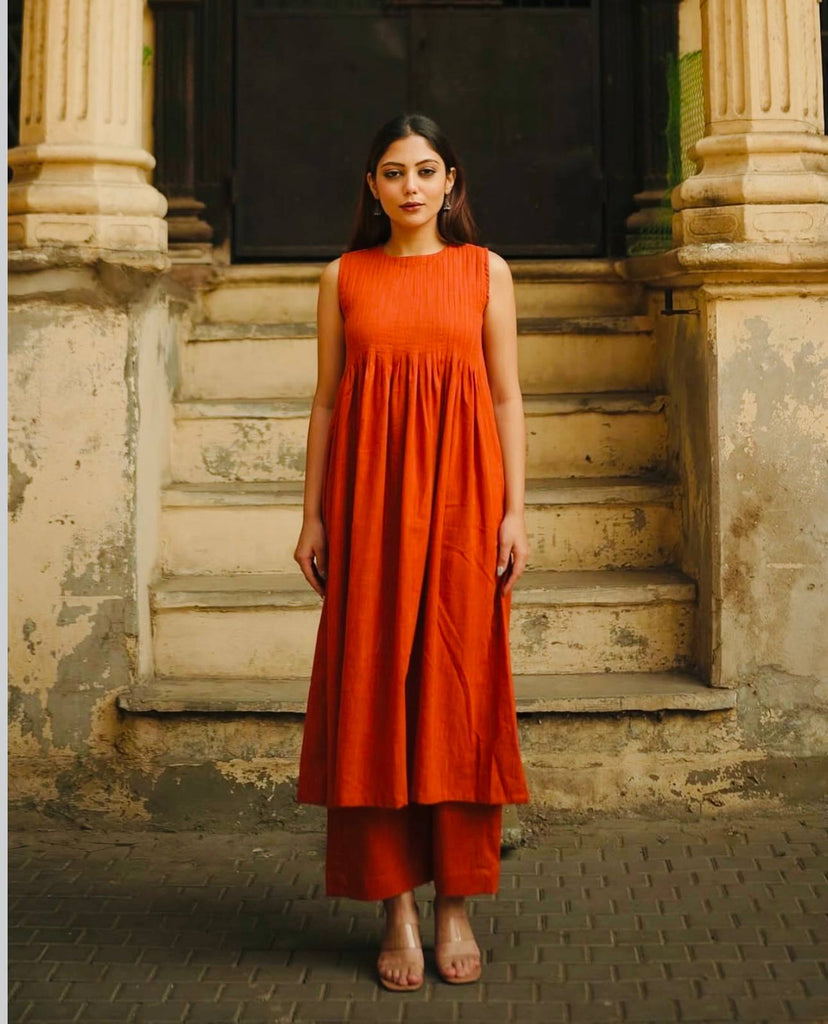 Burnt Orange Magic Slub Cotton Fully Stitched Top & Pant Set – Comfortable & Stylish Ethnic Wear ClothsVilla