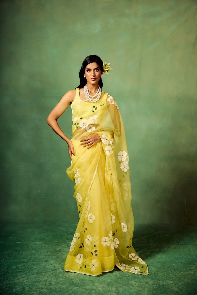 Lemon Yellow Pure Organza Saree with Hand-Painted White Floral Motifs & Sequin Detailing | Modal Satin Blouse FANCY SAREES
