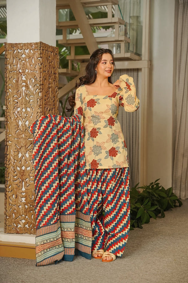Cambric Cotton Printed Farsi Salwar and Straight Kurti Set Clothsvilla