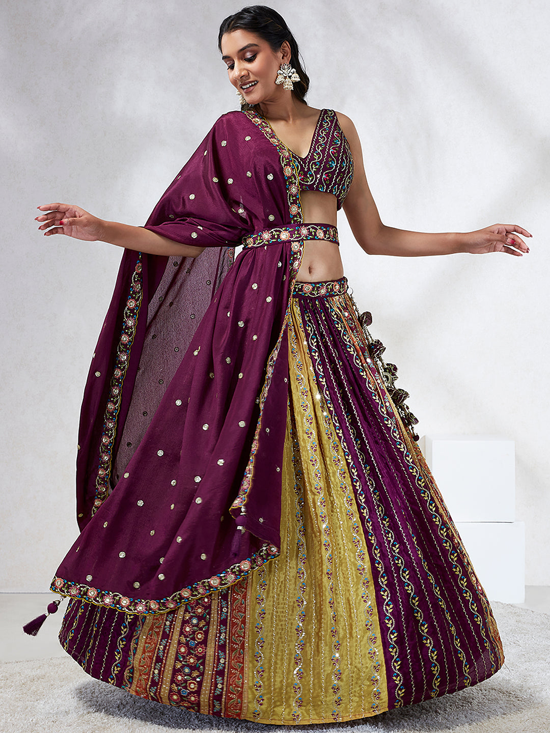 Captivating Burgundy Chiffon Lehenga Choli Set with Sequinned Embroidery and Position Print ClothsVilla Main image