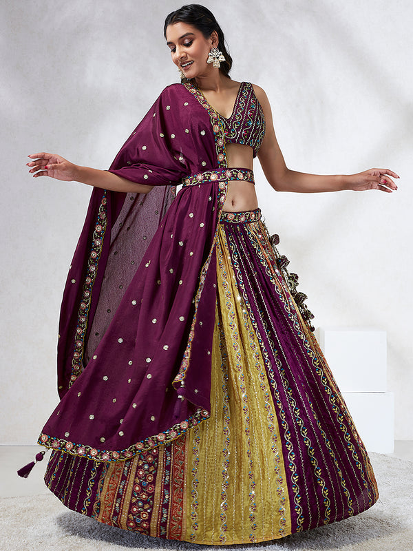 Captivating Burgundy Chiffon Lehenga Choli Set with Sequinned Embroidery and Position Print ClothsVilla