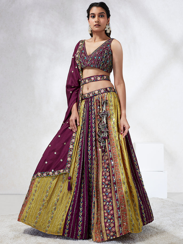 Captivating Burgundy Chiffon Lehenga Choli Set with Sequinned Embroidery and Position Print ClothsVilla