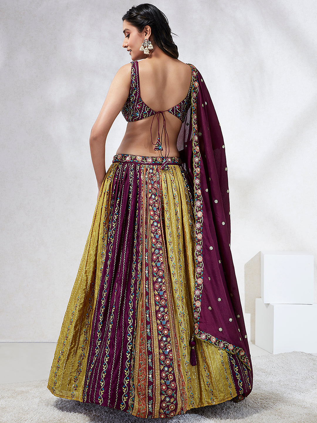 Captivating Burgundy Chiffon Lehenga Choli Set with Sequinned Embroidery and Position Print ClothsVilla