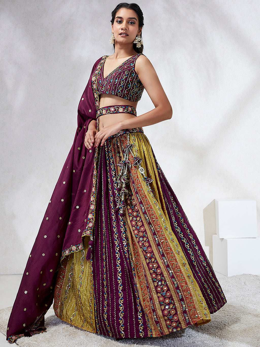Captivating Burgundy Chiffon Lehenga Choli Set with Sequinned Embroidery and Position Print ClothsVilla