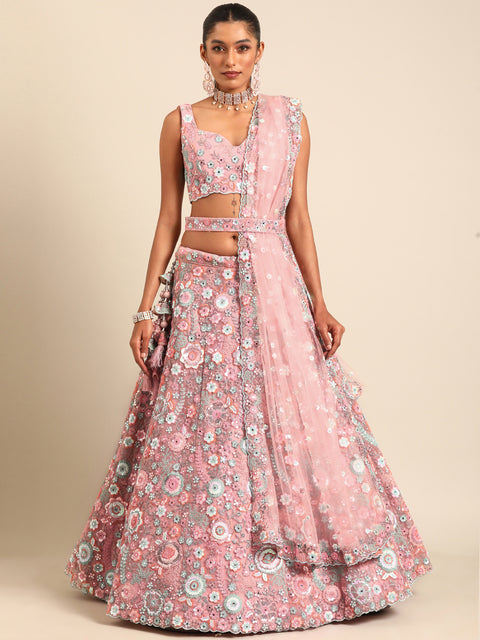 Captivating Coral Pink Net Lehenga Choli Set with Mirror Work and Sequins ClothsVilla Main image