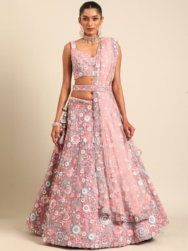 Captivating Coral Pink Net Lehenga Choli Set with Mirror Work and Sequins ClothsVilla