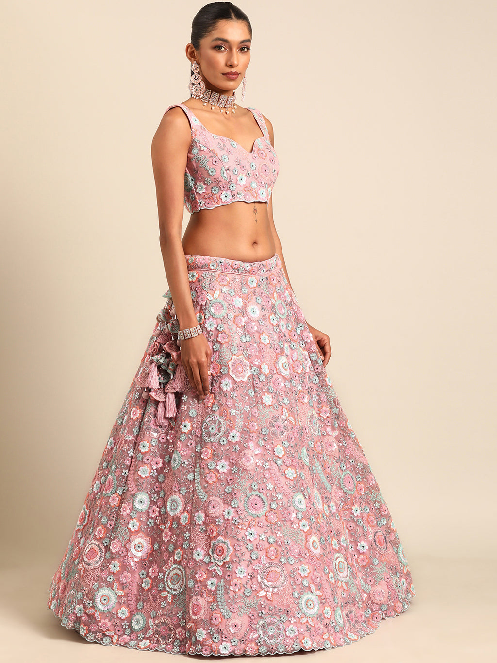 Captivating Coral Pink Net Lehenga Choli Set with Mirror Work and Sequins ClothsVilla