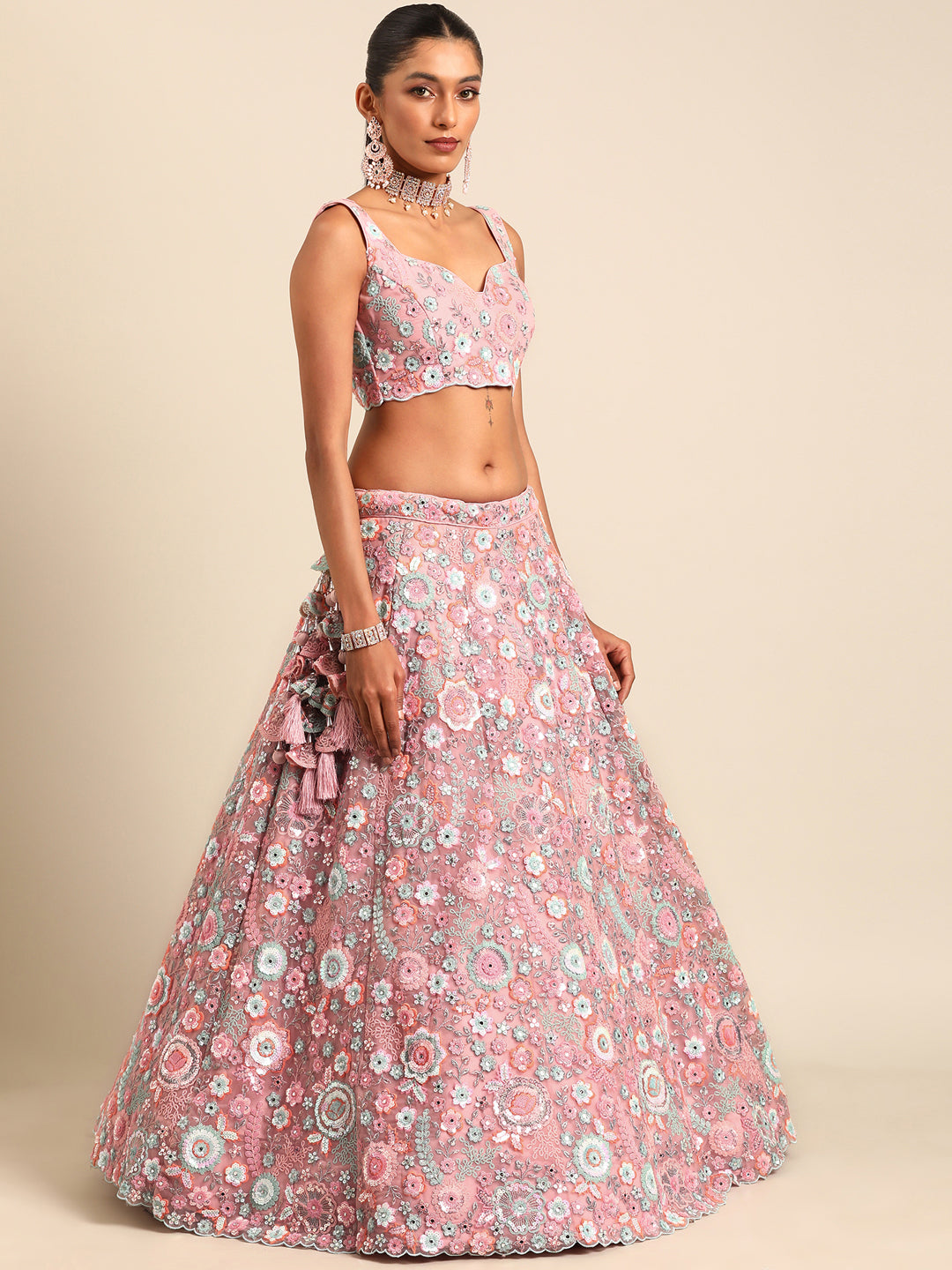 Captivating Coral Pink Net Lehenga Choli Set with Mirror Work and Sequins ClothsVilla