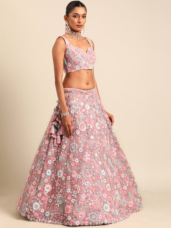 Captivating Coral Pink Net Lehenga Choli Set with Mirror Work and Sequins ClothsVilla