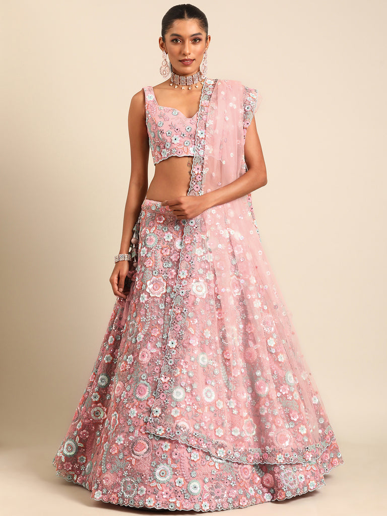 Captivating Coral Pink Net Lehenga Choli Set with Mirror Work and Sequins ClothsVilla