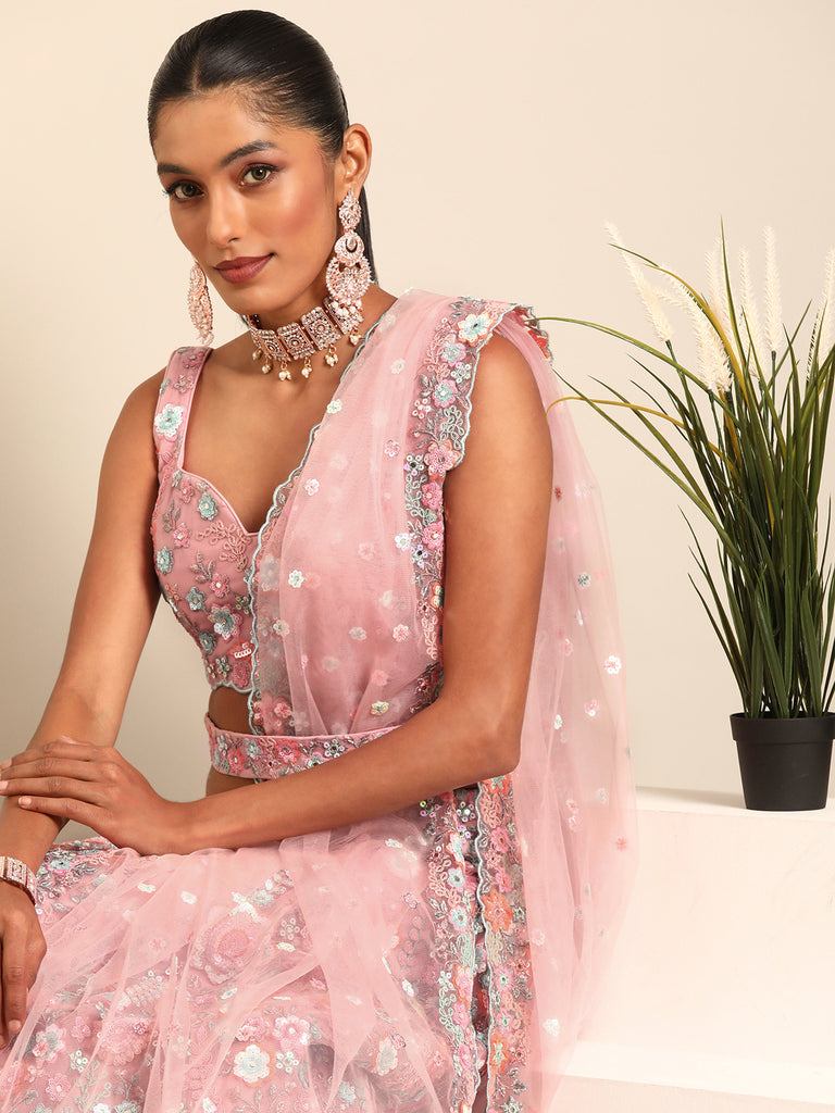 Captivating Coral Pink Net Lehenga Choli Set with Mirror Work and Sequins ClothsVilla