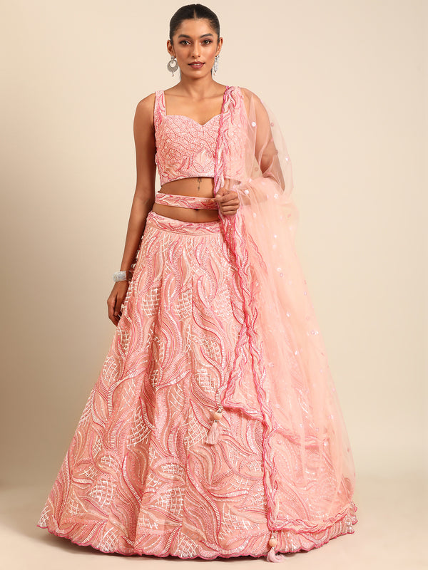 Captivating Coral Pink Net Lehenga Choli Set with Zardosi Embroidery ClothsVilla