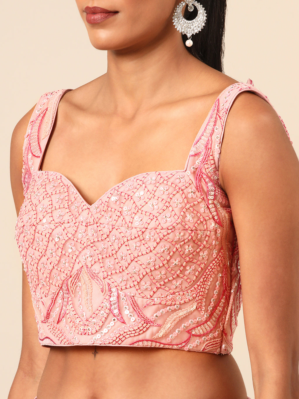Captivating Coral Pink Net Lehenga Choli Set with Zardosi Embroidery ClothsVilla