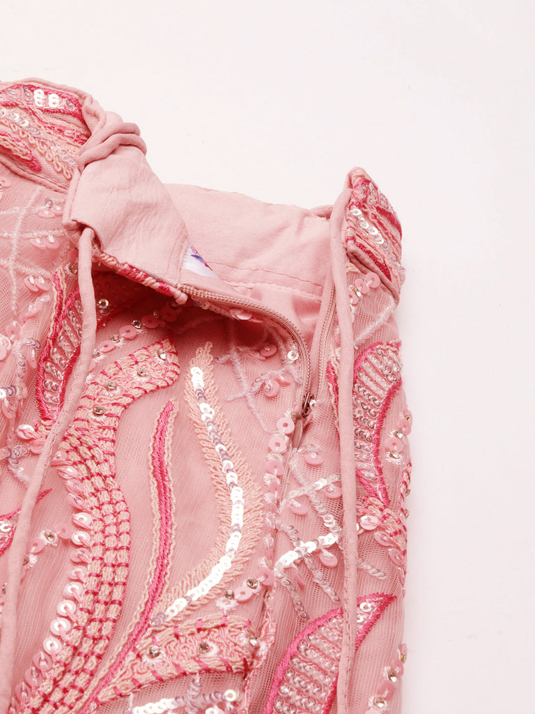 Captivating Coral Pink Net Lehenga Choli Set with Zardosi Embroidery ClothsVilla